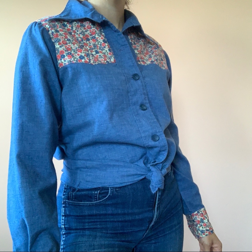 Vintage 70s Patchwork Long Sleeve Button Down Top - image 3